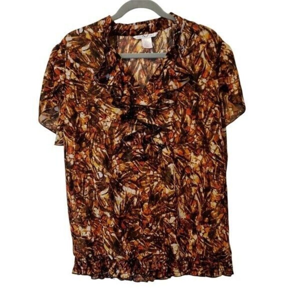 Christine V Womens Sz L Brown  Geometric Short Sleeve Blouse